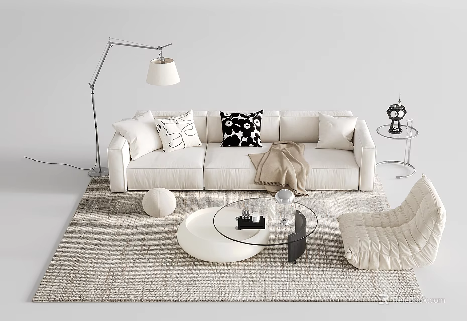 Modern Sofa and Coffee Table Set with Pillows Floor Lamp Armchair Ottoman and Rug 3d model 