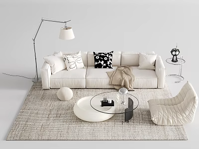 Modern Sofa and Coffee Table Set with Pillows Floor Lamp Armchair Ottoman and Rug 3d model