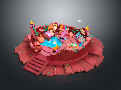 Vibrant Circular Cartoon Wooden Platform Setup With Small House Pool Stairs And Decorations 3d model