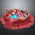 Vibrant Circular Cartoon Wooden Platform Setup With Small House Pool Stairs And Decorations