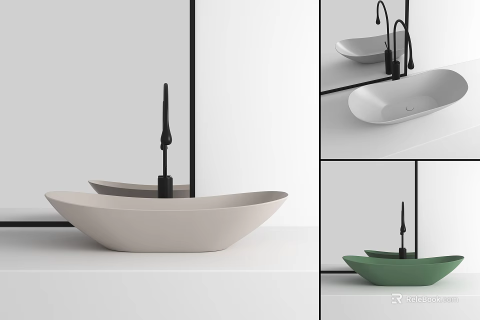Modern Above Counter Washbasin Designs With Black Faucet In Beige White Green 3d model 