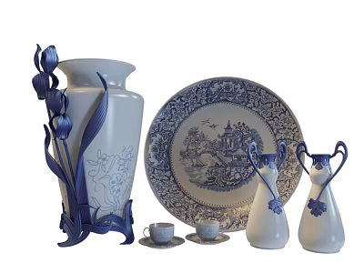 Blue and White Ceramic Wares With Vase Plate Small Vases Cups Saucers And Floral Patterns 3d model