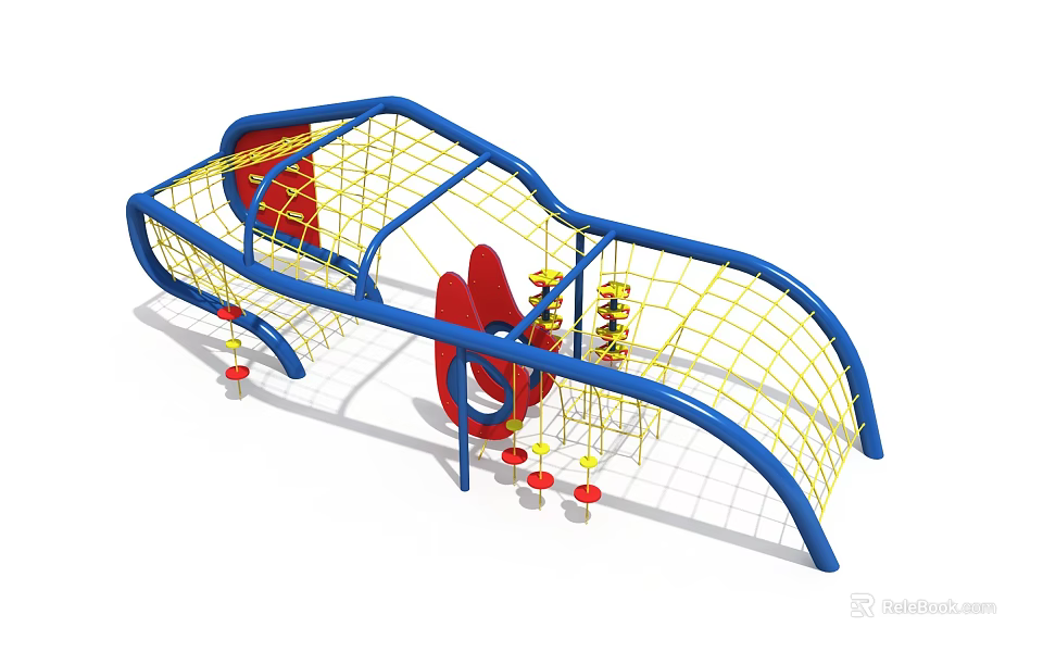 Colorful Kids Playground Structure With Blue Frame Yellow Netting And Red Climbing Elements 3d model 