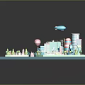 Colorful Architectural 3D Model Cityscape With Hot Air Balloon Airship Trees And Cars