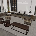 Elegant Modern Tea Table and Chairs with Stools Bench and City View 3d model