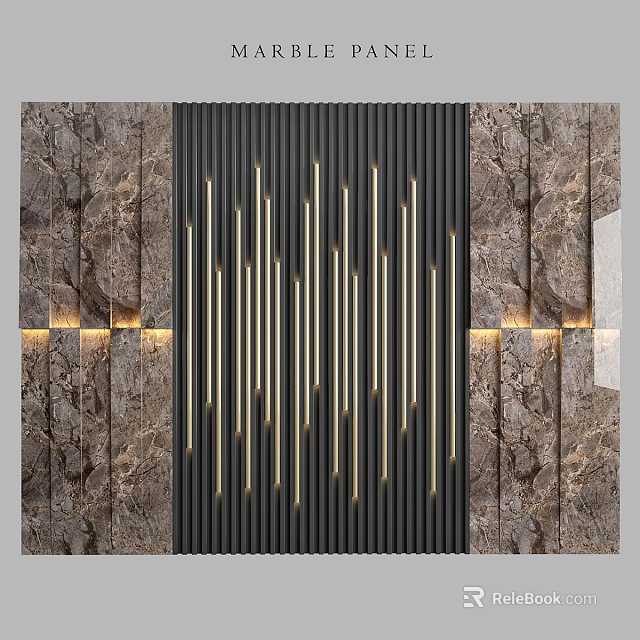 Modern Wall Decor with Marble Texture Black Striped Background Golden Vertical Lines and Lighting 3d model 
