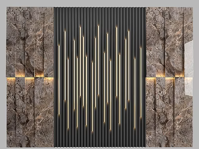 Modern Wall Decor with Marble Texture Black Striped Background Golden Vertical Lines and Lighting 3d model