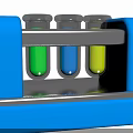 Industrial Laboratory Equipment Blue Test Tube Rack With Three Glass Tubes Containing Colored Liquids