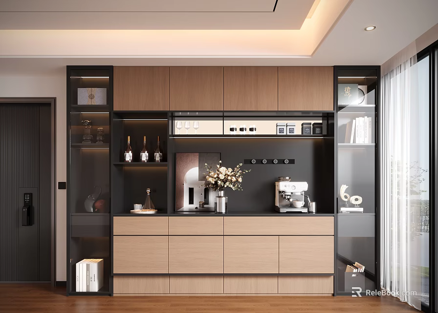 Modern Wooden Decorative Cabinet With Glass Doors Black Accents And Appliances 3d model 
