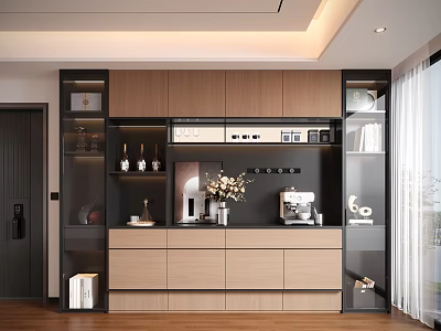 Modern Wooden Decorative Cabinet With Glass Doors Black Accents And Appliances 3d model