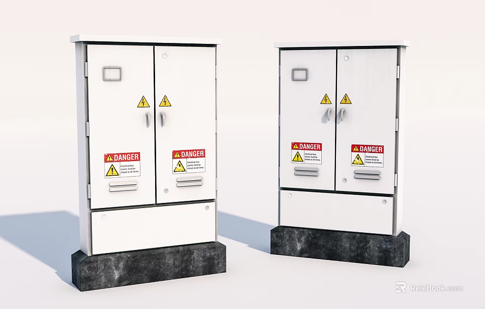 Industrial Control Cabinets With White Enclosure Warning Labels And Black Base 3d model 