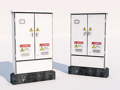 Industrial Control Cabinets With White Enclosure Warning Labels And Black Base 3d model