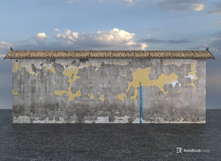 Building Exterior Wall With Thatched Roof And Peeling Gray Yellow Patches Against Sky And Water 3d model 