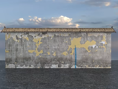 Building Exterior Wall With Thatched Roof And Peeling Gray Yellow Patches Against Sky And Water 3d model