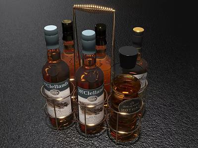 Elegant Whiskey Bottles and Glasses Showcased on Gold Metal Display Shelf 3d model