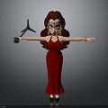 Cartoon Female Character In Red Dress With Red Hair Holding Camera And Fan