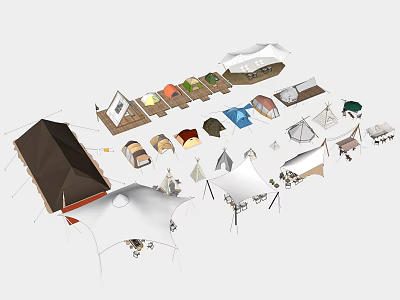 Various Types Of Camping Tents With Different Colors And Designs For Outdoor Use 3d model