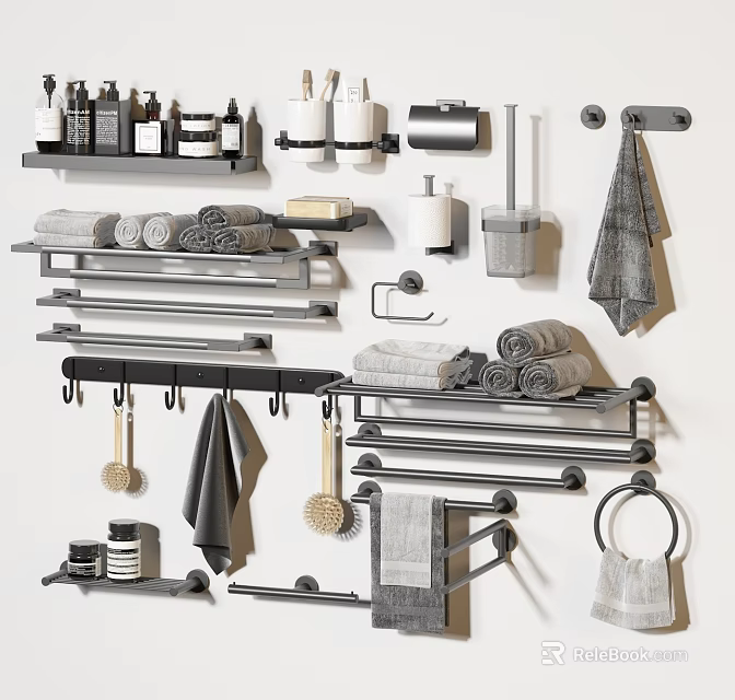 Modern Bathroom Accessories Set Featuring Towel Racks Hooks And Storage Solutions 3d model 