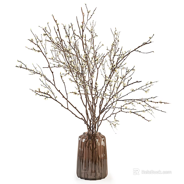 Brown Woven Vase with Spring Branches and Small White Buds for Home Decor 3d model 