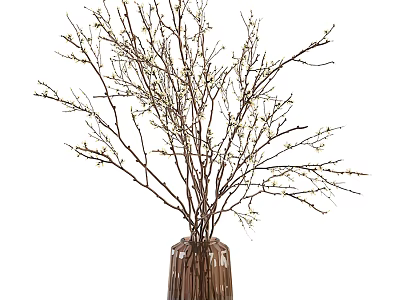 Brown Woven Vase with Spring Branches and Small White Buds for Home Decor 3d model