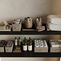 Organized Modern Bathroom Shelves With Towels Bottles Boxes And Brush