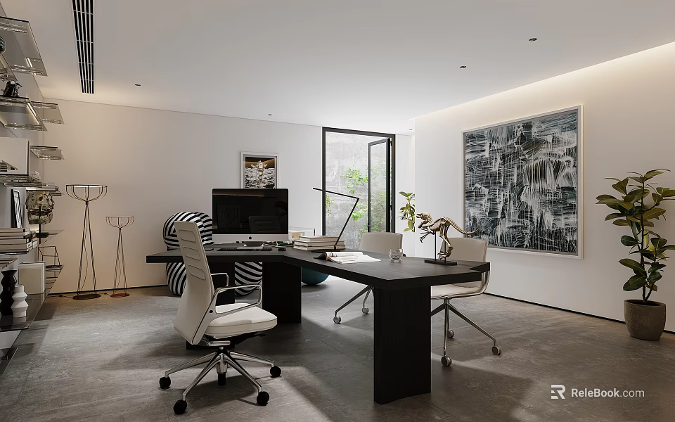 Modern Home Office With Dark Wooden Desk Ergonomic Chairs Computer Floor Lamp Large Abstract Painting 3d model 