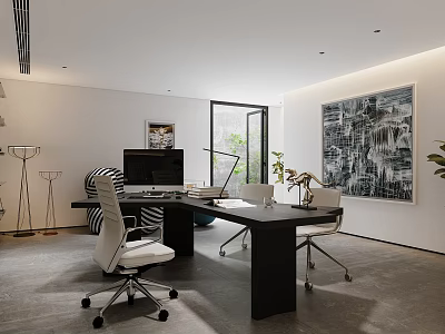 Modern Home Office With Dark Wooden Desk Ergonomic Chairs Computer Floor Lamp Large Abstract Painting 3d model