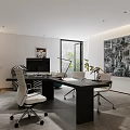Modern Home Office With Dark Wooden Desk Ergonomic Chairs Computer Floor Lamp Large Abstract Painting