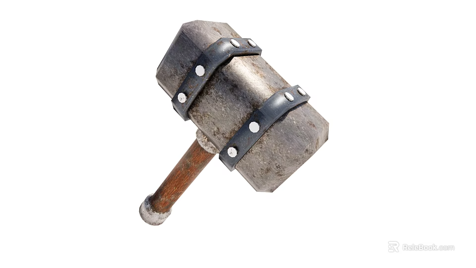 Hardware Tool Hammer With Metal Head Wooden Handle Leather Straps And Rivets 3d model 