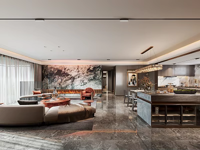 Modern Open Living Dining Room With Comfortable Sofa Dining Table And Marble Wall 3d model