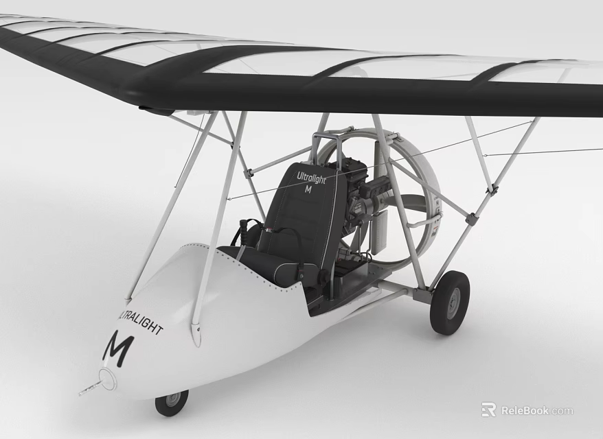 Ultralight Aircraft With White Fuselage Black Seats Single Engine Two Wheels And Transparent Black Wings 3d model 