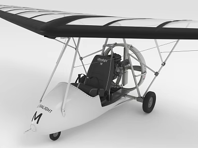 Ultralight Aircraft With White Fuselage Black Seats Single Engine Two Wheels And Transparent Black Wings 3d model