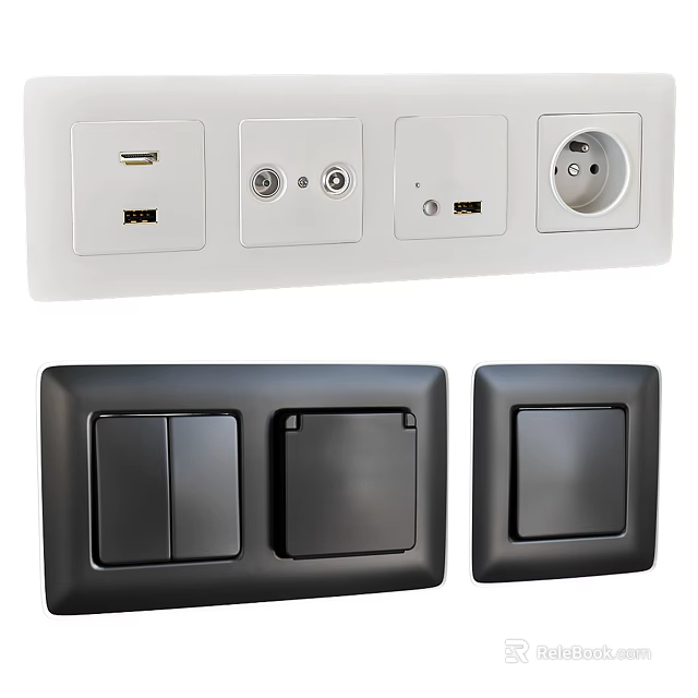 White and Black Switch Panels with USB TV Ports and Toggle Switches 3d model 