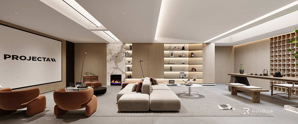Modern Living Area Interior Design With Large Sofa Built-in Bookshelves Fireplace Floor Lamps And Area Rug 3d model 