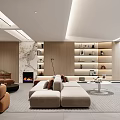 Modern Living Area Interior Design With Large Sofa Built-in Bookshelves Fireplace Floor Lamps And Area Rug