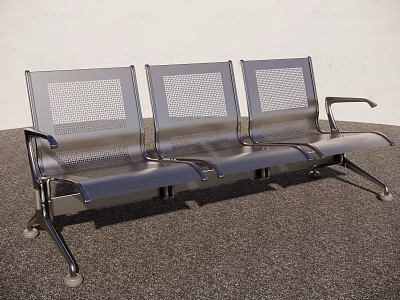Three Seat Metal Public Chairs With Mesh Backrest And Armrests On Floor 3d model