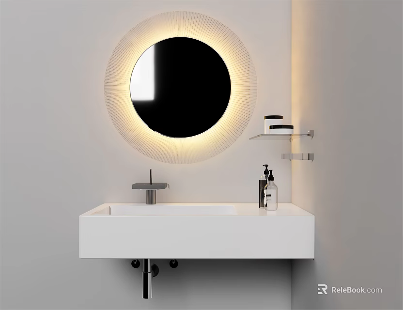 Modern Bathroom Washbasin With Circular Illuminated Mirror Faucet And Shelf With Toiletries 3d model 
