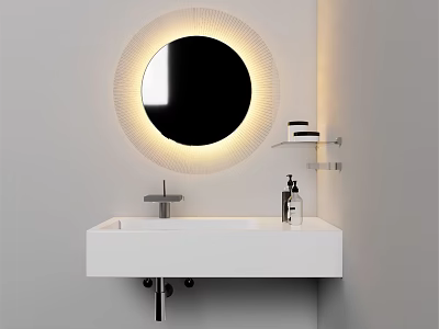 Modern Bathroom Washbasin With Circular Illuminated Mirror Faucet And Shelf With Toiletries 3d model