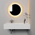 Modern Bathroom Washbasin With Circular Illuminated Mirror Faucet And Shelf With Toiletries