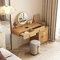 Wooden Dressing Table with Round Mirror Skincare Products Makeup Brushes Checkerboard Frame and Gray Stool