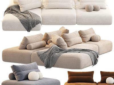 Modern Cozy Sofa Set With Decorative Pillows And Knitted Blanket In Neutral Tones 3d model