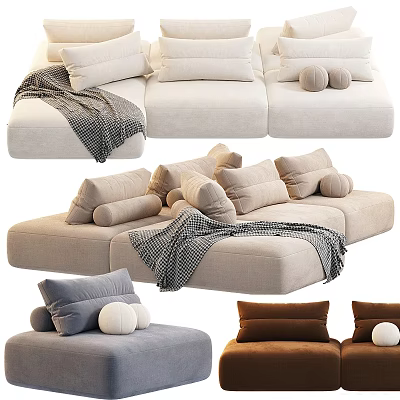 Modern Cozy Sofa Set With Decorative Pillows And Knitted Blanket In Neutral Tones 3d model