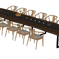 Natural Wooden Tea Table Set With Long Tabletop Multiple Chairs And Decorative Bowl