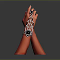 Red Hand Model Displaying Stylish Wrist Accessory With Geometric Patterns And Black Gemstones