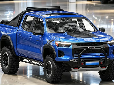 Blue Off Road Pickup Truck With Large Tires Roof Rack And Black Grille 3d model