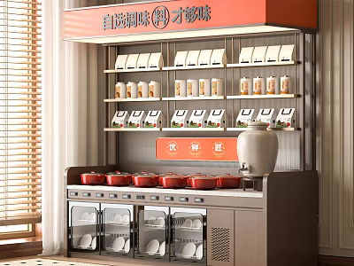 Self Service Condiment Station With Wooden Shelves Condiment Bottles Red Bowls And Sterilizer Cabinets 3d model