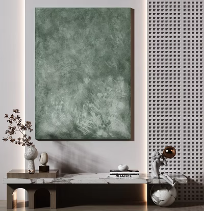 Green Abstract Painting Decorative Console Table with Vase Books and Sculpture Against White Lattice Wall 3d model