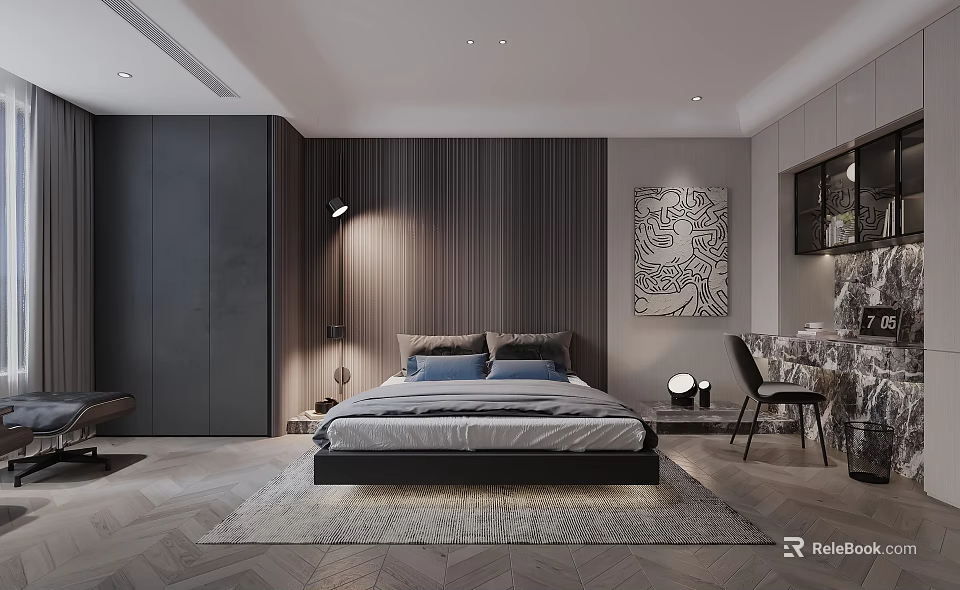 Modern Bedroom Interior With Wooden Wall King Bed Wall Art Desk Chair Rug Floor Lamp 3d model 