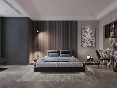 Modern Bedroom Interior With Wooden Wall King Bed Wall Art Desk Chair Rug Floor Lamp 3d model