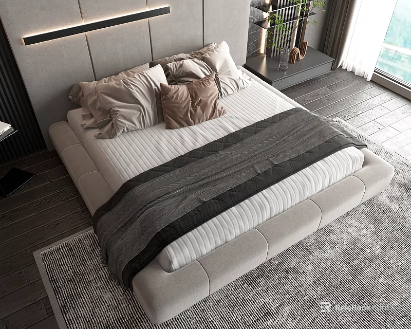 Elegant Double Bed With Striped Blanket Soft Pillows And Modern Headboard 3d model 